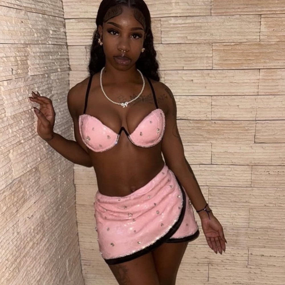 Pink Beaded Bra and Skirt Set